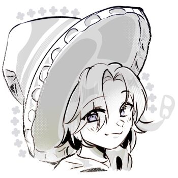 1boy blue_eyes closed_mouth commentary cropped_head english_commentary greyscale hat highres large_hat looking_at_viewer male_focus monochrome original parted_bangs ryuuxin short_hair smile solo spot_color white_background