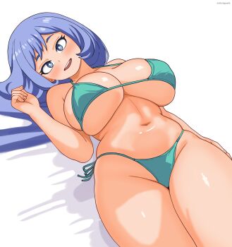 absurdres aqua_bikini bare_arms bikini blue_eyes blue_hair blush boku_no_hero_academia breasts commentary_request curvy eclyart hado_nejire highres large_breasts long_hair looking_at_viewer lying navel on_back open_mouth simple_background skindentation smile swimsuit teeth thick_thighs thighs underboob upper_teeth_only white_background