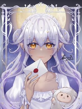 border closed_mouth collarbone colored_eyelashes commentary_request double_bun frills full_moon hair_bun highres holding holding_letter letter long_hair moon original ornate_border pointy_ears sakura_yuto signature star_(symbol) stuffed_animal stuffed_toy upper_body white_hair yellow_eyes