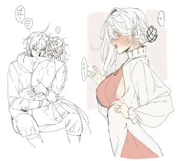 1boy 1girl bare_back blush bracelet breasts couple cowboy_shot dress earrings feet_out_of_frame from_side hair_between_eyes hair_bun hand_up highres hug jacket jewelry large_breasts long_hair long_sleeves looking_at_another looking_at_viewer necklace open_mouth original pants partially_colored pink_dress pink_eyes polka_dot polka_dot_background ring sideboob single_sidelock sitting speech_bubble sweat thai_text translation_request unholymilk wedding_ring white_background