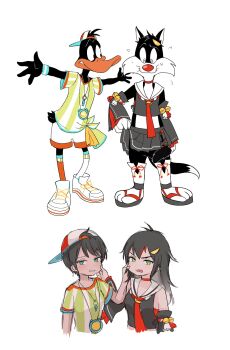 2boys 2girls baseball_cap beak bird blush cat cat_tail cheek_pinching cosplay daffy_duck duck hat highres himuhino hololive looney_tunes multiple_boys multiple_girls mutual_cheek_pinching ookami_mio ookami_mio_(1st_costume) ookami_mio_(cosplay) oozora_subaru oozora_subaru_(1st_costume) oozora_subaru_(cosplay) pinching sylvester_(looney_tunes) tail virtual_youtuber whistle