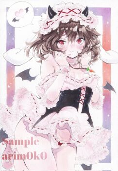 1girl animal_ears arim0k0 artist_name bat_wings blush breasts brown_hair cleavage commentary detached_wings halloween halloween_costume heart highres horns inaba_tewi looking_at_viewer marker_(medium) open_mouth panties purple_background rabbit_ears rabbit_girl red_eyes sample_watermark short_hair small_breasts solo spoken_heart touhou traditional_media underwear watermark white_panties wings