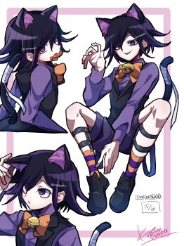 1boy absurdres animal_ears bandaged_tail black_hair black_shoes black_vest cat_boy cat_ears cat_tail danganronpa_(series) danganronpa_v3:_killing_harmony food hair_between_eyes highres kujira_pyon_ka long_sleeves looking_at_viewer male_focus multicolored_hair oma_kokichi pink_eyes pink_shirt purple_shorts shirt shoes short_hair shorts smile tail translation_request two-tone_hair vest white_background