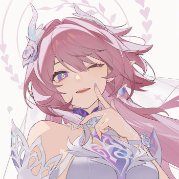 1girl ;) bare_shoulders breasts chinese_commentary commentary_request cyrene_(demiurge)_(honkai:_star_rail) cyrene_(honkai:_star_rail) diamond-shaped_pupils diamond_(shape) earrings eyokiki flower hair_flower hair_ornament halo honkai:_star_rail honkai_(series) jewelry large_breasts long_hair looking_at_viewer multicolored_hair one_eye_closed pink_hair pointy_ears purple_eyes simple_background smile solo symbol-shaped_pupils two-tone_hair upper_body very_long_hair white_background white_hair