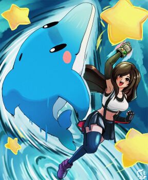 1girl arm_up armpits attack black_gloves black_hair black_skirt black_sports_bra black_thighhighs blush blush_stickers boots breasts clenched_hands commentary crop_top dolphin elbow_gloves final_fantasy final_fantasy_vii final_fantasy_vii_remake fingerless_gloves foot_up gloves highres large_breasts long_hair materia open_mouth red_boots red_eyes signature skirt sports_bra standing standing_on_liquid standing_on_one_leg star_(symbol) stoic_seraphim suspender_skirt suspenders tank_top thighhighs tifa_lockhart uppercut water white_tank_top zettai_ryouiki