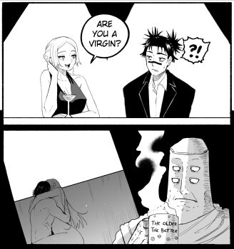 !? 1boy 2girls absurdres are_you_a_virgin?_(meme) bald breasts choso_(jujutsu_kaisen) cleavage completely_nude cup dress english_text extra_eyes formal_clothes highres holding holding_cup jujutsu_kaisen large_breasts long_hair meme mug multiple_girls nude sex short_hair suit tagme tengen_(jujutsu_kaisen) tsukumo_yuki_(jujutsu_kaisen) wanderjegson