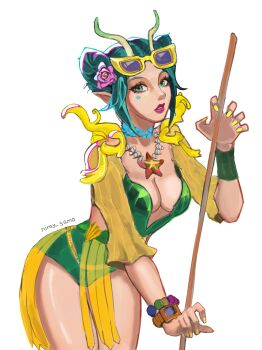 Rule 34 | 1girl, absurdres, alien, antennae, breasts, cleavage, eyewear on head, green eyes, green one-piece swimsuit, guardians of the galaxy, highres, jewelry, long hair, looking at viewer, mantis (marvel), mantis (oceanic harmony) (marvel), marvel, marvel rivals, necklace, official alternate costume, one-piece swimsuit, pointy ears, solo, sunglasses, swimsuit, uchihaniray