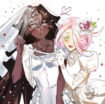 Rule 34 | 2girls, black forest cookie, blush, cookie run, cookie run: kingdom, dark-skinned female, dark skin, dress, elbow gloves, female focus, gloves, hair bun, long hair, multiple girls, pcacao, pink hair, wedding cake cookie, wedding dress, white dress, white gloves, yuri