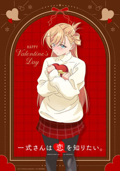 Rule 34 | 1girl, anime coloring, blonde hair, blue eyes, blush, border, box, box of chocolates, brown border, brown pantyhose, candy, chocolate, chocolate heart, closed mouth, copyright name, copyright notice, feet out of frame, food, happy valentine, heart, heart-shaped food, highres, hugging object, isshiki-san wa koi wo shiritai., long hair, looking at viewer, official art, pantyhose, plaid clothes, plaid skirt, red background, red skirt, rinna milford, skirt, solo, standing, sweater, valentine, yellow sweater