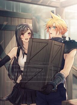 1boy 1girl armor bare_shoulders black_gloves black_hair black_skirt blonde_hair blue_eyes blurry blurry_background blush box breasts cloud_strife commentary_request cowboy_shot crop_top final_fantasy final_fantasy_vii final_fantasy_vii_remake gloves holding holding_box large_breasts long_hair looking_at_another minato_(ct_777) open_mouth red_eyes short_hair shoulder_armor skirt sleeveless sleeveless_turtleneck spiked_hair suspender_skirt suspenders sweater tank_top tifa_lockhart turtleneck turtleneck_sweater white_tank_top wooden_box