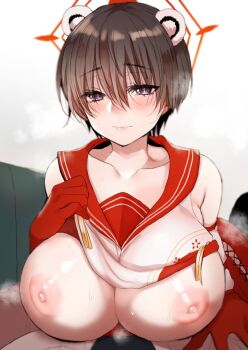 1girl animal_ears black_eyes black_hair blue_archive blurry blurry_background blush breasts closed_mouth clothes_lift clothing_cutout collarbone commentary_request couch cowboy_shot cross-laced_clothes cross-laced_cutout elbow_gloves extra_ears gloves hair_between_eyes half-closed_eyes halo hand_on_own_chest indoors large_breasts lifting_own_clothes lying mamemix nipples on_stomach open_hand raccoon_ears raccoon_girl red_gloves red_halo red_sailor_collar red_skirt sailor_collar shirt shirt_lift short_hair skirt solo spread_fingers steam torogao tsubaki_(blue_archive) wavy_mouth