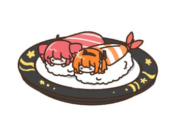 2girls a.i._voice adachi_rei chibi chibi_only drill_hair fish_(food) food foodification highres in_food kasane_teto medium_hair mei_(meiday_mise) mini_person minigirl multiple_girls nigirizushi one_side_up orange_hair plate red_hair rice shrimp simple_background sushi twin_drills utau white_background