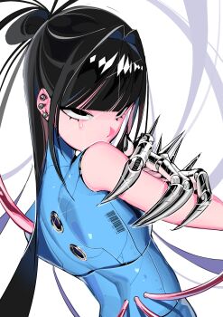 1girl absurdres barcode bare_arms black_eyes black_hair blue_bodysuit blunt_bangs bodysuit covered_mouth crying crying_with_eyes_open ear_piercing eyebrows_hidden_by_hair fine_art_parody from_behind glint half_updo hand_on_own_arm highres long_hair looking_to_the_side lower_eyelashes_only mechanical_hands original parody piercing scocasr sleeveless straight_hair tears tears_from_one_eye the_fallen_angel_(painting) tsurime upper_body very_long_hair white_background wire