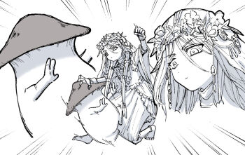 1girl 1other arm_up braid closed_mouth dark_souls_(series) doll_joints elden_ring elden_ring_nightreign flower_wreath full_body greyscale hand_on_another's_head hands_up head_wreath joints long_hair low_twin_braids monochrome mushroom_child noujiru_tanaka revenant_(elden_ring) robe twin_braids v-shaped_eyebrows veil wide_sleeves