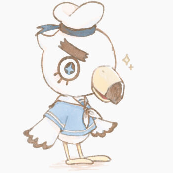 Rule 34 | 1boy, animal crossing, bird boy, blue shirt, chibi, commentary request, full body, gulliver (animal crossing), hat, male focus, nintendo, omu (rinarina724), open mouth, sailor, shirt, simple background, solo, sparkle, white background, white hat