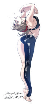 1girl arched_back ass asymmetrical_clothes back barefoot breasts exercising flexible full_body grey_eyes grey_hair highres nabipenciller original parted_lips single_pantsleg small_breasts solo stirrup_legwear sweat tiptoes toeless_legwear toes