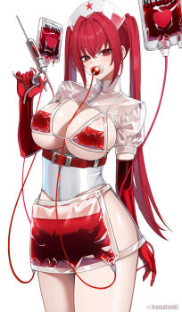1girl artist_name belt between_breasts blood blood_bag bra breasts cleavage commentary elbow_gloves gloves hair_between_eyes hair_intakes hat heart highres holding holding_syringe intravenous_drip ironatsuki large_breasts long_hair looking_at_viewer nurse nurse_cap original pacifier red_belt red_eyes red_gloves red_hair red_theme see-through_bra see-through_clothes see-through_shrug see-through_skirt short_sleeves shrug_(clothing) side_slit sideboob sidelocks simple_background skirt slit_pupils solo standing star_(symbol) syringe thighs transparent twintails underboob underwear vampire very_long_hair white_background zipper zipper_pull_tab