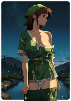 1girl artist_logo bandana blush breasts brown_eyes brown_hair chinese_clothes clothes_pull commission cowboy_shot dusk fireflies grass gravydood green_bandana green_pants green_shirt highres large_breasts ling_shen_hua logo long_hair looking_to_the_side mountainous_horizon off_shoulder open_mouth outdoors pants pants_pull parted_bangs pond rock second-party_source shenmue shenmue_iii shirt sidelocks sky solo star_(sky) starry_sky thighs tree undressing waist_ribbon