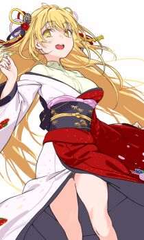 1girl absurdres blonde_hair haimura_kiyotaka hair_ornament hashtag-only_commentary highres japanese_clothes kimono long_hair looking_at_viewer obi open_mouth sash shokuhou_misaki simple_background smile solo sparkling_eyes star-shaped_pupils star_(symbol) symbol-shaped_pupils toaru_kagaku_no_mental_out toaru_kagaku_no_railgun toaru_majutsu_no_index white_background wide_sleeves yellow_eyes