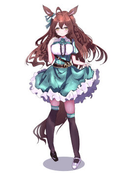1girl 323mihumi absurdres ahoge animal_ears aqua_dress aqua_flower aqua_rose asymmetrical_footwear black_thighhighs blush bow braid breasts brown_eyes brown_hair brown_thighhighs center_frills closed_mouth commentary_request dress ear_bow flower frills full_body green_flower green_rose hair_between_eyes highres horse_ears horse_girl horse_tail long_hair looking_at_viewer medium_breasts mejiro_bright_(brunissage_line)_(umamusume) mejiro_bright_(umamusume) mismatched_footwear puffy_short_sleeves puffy_sleeves rose short_hair short_sleeves side_braids simple_background skirt_hold smile solo standing tail thighhighs twin_braids umamusume white_background