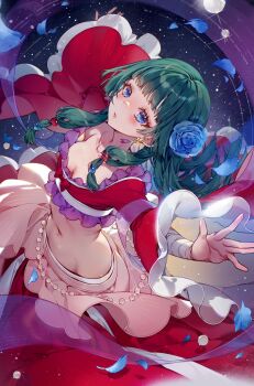 1girl beads blue_eyes blue_flower blue_petals blue_rose breasts cleavage earrings flower freckles frills green_hair hair_beads hair_ornament hieihirai highres jewelry kusuriya_no_hitorigoto long_hair long_skirt looking_at_viewer maomao_(kusuriya_no_hitorigoto) navel night night_sky parted_lips red_skirt rose signature skirt sky solo sparkle sparkling_eyes star_(sky) twintails wide_sleeves