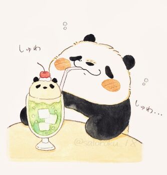 animal animal_focus artist_name bear commentary_request drinking drinking_straw ebinomaegami food highres ice_cream ice_cream_float melon_soda no_humans original panda simple_background table white_background