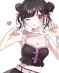 Rule 34 | 1girl, absurdres, bare arms, bare shoulders, belt, belt buckle, black skirt, blush, breasts, buckle, candy, cleavage, closed mouth, collarbone, commentary request, double bun, food, hachimitsu honey, hair bun, hair ribbon, hands up, heart, heart-shaped buckle, highres, holding, holding candy, holding food, holding lollipop, lollipop, looking at viewer, medium breasts, multicolored hair, nail polish, one eye closed, original, pink hair, pink ribbon, purple eyes, purple nails, ribbon, simple background, skirt, solo, streaked hair, tongue, tongue out, white background, white belt, wrist cuffs