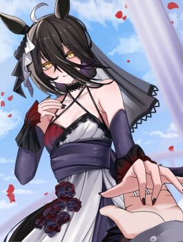 1boy 1girl animal_ears bare_shoulders black_flower black_hair black_rose blue_sky blush closed_mouth collarbone commentary_request dress dress_flower falling_petals flower hair_between_eyes highres horse_ears horse_girl lengkuass long_hair long_hair_between_eyes looking_at_viewer manhattan_cafe_(mysterious_rose)_(umamusume) manhattan_cafe_(umamusume) multicolored_dress offering_hand official_alternate_costume petals pov pov_hands red_petals rose see-through_clothes see-through_veil sky smile umamusume veil yellow_eyes