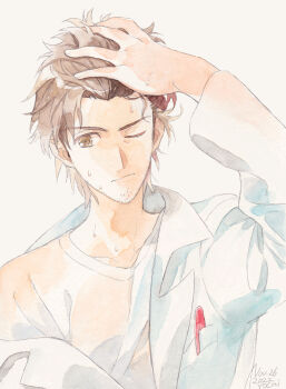 Rule 34 | 1boy, adam's apple, beard stubble, black hair, breast pocket, brown pants, coat, collarbone, commentary request, dripping, facial hair, frown, hand in own hair, highres, jacket, jacket partially removed, lab coat, lapels, long sleeves, male focus, messy hair, notched lapels, object in pocket, okabe rintarou, one eye closed, pants, pen in pocket, pocket, rocni, science adventure, shirt, sleeve pull, solo, steins;gate, stubble, t-shirt, wet, white coat, white shirt, yellow eyes