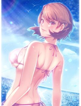1girl armpit_crease back bikini bird blue_sky blush breasts brown_eyes brown_hair butt_crack cloud cloudy_sky commentary_request corner50777313 day dutch_angle earrings flipped_hair from_behind halterneck highres horizon jewelry large_breasts light_smile lips looking_at_viewer looking_back ocean outdoors parted_lips persona persona_3 pink_bikini short_hair side-tie_bikini_bottom signature skindentation sky solo stud_earrings sun_glare swept_bangs swimsuit takeba_yukari underboob upper_body