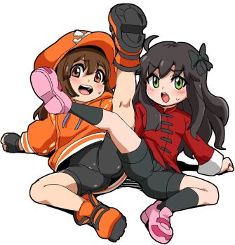 Rule 34 | 2girls, arima miyako, bike shorts, black gloves, black hair, blush, bow, brown eyes, brown hair, chinese clothes, fingerless gloves, full body, gloves, green eyes, guilty gear, guilty gear strive, hair bow, hat, hood, hoodie, leg up, long hair, looking at viewer, may (guilty gear), melty blood, multiple girls, open mouth, orange headwear, orange hoodie, pirate hat, simple background, skull and crossbones, sweatdrop, tsukihime, white background, yuuya (blue scarab)