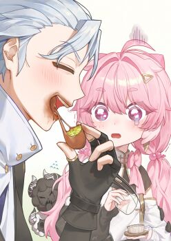 1boy 1girl aalto_(wuthering_waves) black_gloves closed_eyes cloudy_(wuthering_waves) commentary_request cosmos_(wuthering_waves) dress dubai_chocolate earrings eating encore_(wuthering_waves) fingerless_gloves flying_sweatdrops food_theft gloves grey_hair hair_ornament highres jewelry long_hair looking_at_another open_mouth pink_hair smile teardrop thick_eyebrows white_dress wuthering_waves zua_(2vziu)