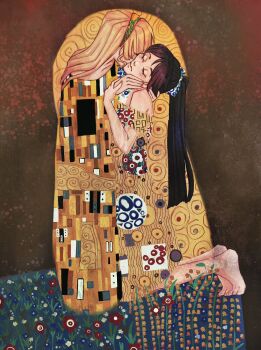 2girls barefoot black_hair blonde_hair closed_eyes closed_mouth commentary english_commentary fine_art_parody hand_on_another&#039;s_neck hazuki_ren heanna_sumire highres kiss kissing_cheek kryakw long_hair love_live! love_live!_superstar!! multiple_girls parody ponytail the_kiss toes yuri