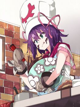 Rule 34 | 1girl, :q, bowl, chocolate making, commentary request, green eyes, hair ribbon, hat, holding, holding bowl, holding whisk, horizontal pupils, kirara fantasia, kitchen, merry nightmare, official art, oven mitts, pink ribbon, purple hair, ribbon, short hair, solo, third-party source, tongue, tongue out, whisk, white hat, yumekui merry