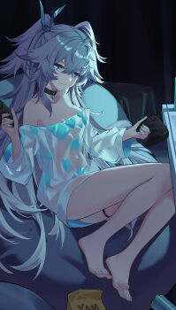 1girl :3 absurdres bare_legs bare_shoulders black_collar blue_eyes blue_hair blue_nails blue_ribbon breasts cleavage collar commentary_request controller dark florence_(girls'_frontline_2) florence_(neural_cloud) from_side full_body game_controller girls'_frontline girls'_frontline_2:_exilium hair_between_eyes hair_ribbon hands_up heart heart-shaped_pupils highres holding holding_controller holding_game_controller humugo indoors knees_up legs long_hair looking_at_viewer medium_breasts messy_hair nail_polish navel off-shoulder_shirt off_shoulder pa-15_(girls'_frontline) pa-15_(marvelous_yam_pastry)_(girls'_frontline) ribbon see-through_clothes see-through_shirt shirt sitting small_breasts solo symbol-shaped_pupils thigh_strap thighs very_long_hair white_hair white_shirt