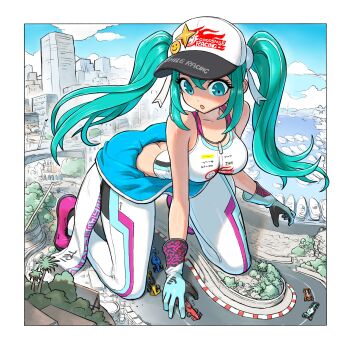 1girl absurdres aqua_eyes aqua_hair ass baseball_cap blue_sky boat breasts building butt_crack car city commentary dattosan day english_commentary formula_racer giant giantess gloves goodsmile_company goodsmile_racing hat hatsune_miku highres long_hair motor_vehicle open_mouth outdoors race_queen race_vehicle racecar racetrack racing_miku racing_miku_(2013) sky skyscraper solo twintails watercraft white_gloves white_hat