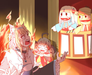 4girls @_@ absurdres ahoge animal_ears blonde_hair blue_hair blue_nails breasts burning cleavage collar dog_ears dog_girl empty_eyes fire frilled_sleeves frills fuwawa_abyssgard gawr_gura gawr_gura_(1st_costume) gigi_murin gigi_murin_(1st_costume) grey_hair highres hololive hololive_english id_(sakaeharuki) laughing long_sleeves medium_breasts multicolored_hair multiple_girls muppets nail_polish opera_box parody pointing puppet spiked_collar spikes spit_take spitting streaked_hair sweat twintails virtual_youtuber watson_amelia watson_amelia_(1st_costume) white_hair wide_sleeves