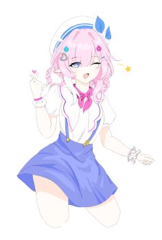 1girl ;o absurdres beret blue_eyes blue_skirt breasts commentary_request cropped_torso cyrene_(aedes_elysiae)_(honkai:_star_rail) cyrene_(honkai:_star_rail) gloves hat highres honkai:_star_rail honkai_(series) looking_at_viewer multicolored_hair official_alternate_costume one_eye_closed pink_hair pointy_ears shirt skirt small_breasts solo suspender_skirt suspenders thighs two-tone_hair white_background white_gloves white_hair white_shirt woaiachengege