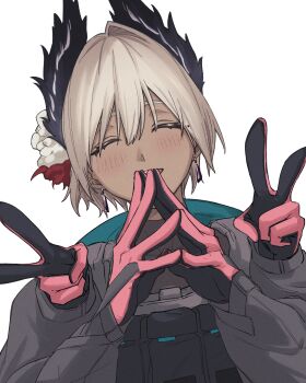 1girl :d ^_^ arknights black_gloves blush closed_eyes commentary double_v earrings facing_viewer gloves grey_hair hair_between_eyes highres jewelry kyoro_(kyoroillust) long_sleeves open_mouth own_hands_together pink_gloves raidian_(arknights) short_hair simple_background smile solo steepled_fingers upper_body v white_background