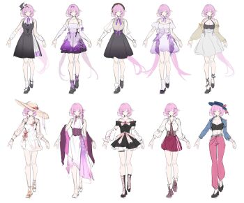 1girl alternate_costume bare_shoulders beret black_dress black_hat black_headband black_shoes black_skirt blue_eyes blue_hat bow bowtie breasts brown_cardigan brown_shirt cardigan cleavage collar commentary corset crop_top detached_collar detached_sleeves dress elf elysia_(honkai_impact) english_commentary hair_ribbon hat hat_ornament headband highres honkai_(series) honkai_impact_3rd layered_dress layered_skirt long_dress long_hair low_ponytail low_twintails mini_hat multiple_views necktie open_cardigan open_clothes pants pink_hair pink_pants pointy_ears ponytail puffy_short_sleeves puffy_sleeves purple_bow purple_bowtie purple_ribbon purple_skirt red_skirt reference_sheet ribbon sandals sang_sha shirt shoes short_dress short_hair short_sleeves simple_background sketch skirt smile sun_hat twintails very_long_hair white_background white_collar white_dress white_shirt white_sleeves white_wrist_cuffs wrist_cuffs