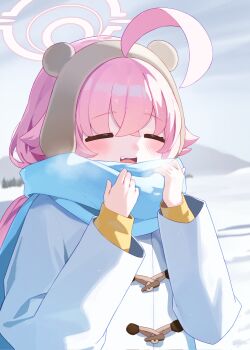 1girl ahoge alternate_costume bear_hat blue_archive blue_scarf blush breath closed_eyes coat commentary_request duffel_coat enpera fang hair_between_eyes halo hands_up highres hoshino_(blue_archive) long_hair long_sleeves matgandaramjwi open_mouth outdoors pink_hair pink_halo scarf snow solo sweater teeth upper_body upper_teeth_only white_coat yellow_sweater
