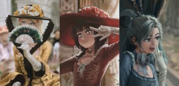 3girls aqua_(konosuba) black_hat blonde_hair blue_bow blue_dress blue_eyes blue_hair bow brown_hair c: dana_(ocana_dana) darkness_(konosuba) dress elbow_gloves flat_chest flower frilled_dress frills gloves hair_ornament hair_rings hat heart heart-shaped_pupils highres kono_subarashii_sekai_ni_shukufuku_wo! long_hair medium_hair megumin multiple_girls open_mouth red_dress red_eyes red_flower red_hat red_rose rose single_hair_ring smile star-shaped_pupils star_(symbol) symbol-shaped_pupils v white_gloves x_hair_ornament yellow_bow yellow_dress