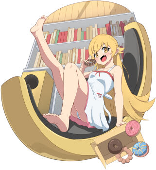 1girl absurdres arm_support ass barefoot blonde_hair blush bookshelf chair collarbone commentary_request crotch_seam donut dress fang feet food full_body highres holding holding_donut holding_food indoors leg_up long_hair looking_at_viewer monogatari_(series) on_chair onabe915 open_mouth oshino_shinobu panties simple_background sitting sleeveless sleeveless_dress smile soles solo toes underwear very_long_hair white_background white_dress white_panties yellow_eyes