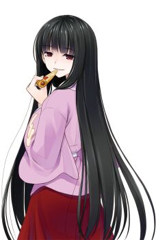 Rule 34 | 1girl, black hair, brown eyes, commentary request, cowboy shot, crote, eating, food, from behind, hand up, highres, hime cut, holding, holding food, holding pizza, houraisan kaguya, large variant set, long hair, long sleeves, looking at viewer, looking back, parted lips, pink shirt, pizza, red skirt, shirt, skirt, smile, solo, standing, tachi-e, touhou, transparent background, turning head, twisted torso, variant set, very long hair, wide sleeves