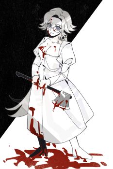 1girl aotsuki_eito axe black_background blood blood_on_clothes blood_on_face breasts chinese_commentary cleavage collarbone commentary_request dress full_body genderswap genderswap_(mtf) glasses grey_hair highres holding holding_axe large_breasts long_hair looking_at_viewer purple_eyes solo the_hundred_line_-last_defense_academy- two-tone_background variant_set very_long_hair white_background white_dress zheidaxuewoshifeishangbukema