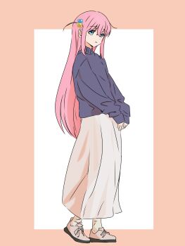 1girl alternate_costume amnsyr arms_at_sides blue_eyes bocchi_the_rock! border closed_mouth commentary_request cube_hair_ornament dot_nose expressionless from_side full_body gotoh_hitori grey_sweater hair_between_eyes hair_ornament highres long_bangs long_hair long_skirt long_sleeves looking_at_viewer looking_to_the_side outside_border pink_border pink_hair shoes simple_background skirt solo standing straight_hair sweater turtleneck turtleneck_sweater very_long_hair white_background white_shoes white_skirt