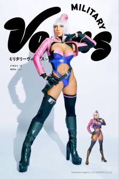 1girl artist_name belt bodysuit boots breasts cosplay english_text full_body gloves hat high_heels highres homare_(fool's_art) jacket large_breasts latex military_uniform nonsummerjack real_life reference_photo thighhighs white_hair yellow_eyes zipper