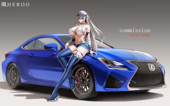 1girl absurdres alternate_costume aqua_eyes arm_behind_back arm_support artist_name azur_lane baseball_cap bikini bikini_top_only black_choker blue_boots blue_car blue_skirt blue_thighhighs boots bra breasts car character_request check_character choker cleavage closed_mouth collarbone commentary elbow_gloves english_commentary english_text eyewear_on_head fingerless_gloves full_body gloves grey_background grey_hair hat headphones high_heel_boots high_heels highres intrepid_(azur_lane) large_breasts leaning_back long_hair looking_at_viewer louu_heroo miniskirt motor_vehicle navel race_queen simple_background skirt solo standing standing_on_one_leg swimsuit thigh_boots thigh_harness thighhighs thighs twintails underwear vehicle_request very_long_hair white_bikini white_bra white_gloves