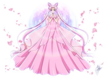 1girl back_bow bishoujo_senshi_sailor_moon bow chibi_usa closed_mouth collarbone cone_hair_bun crescent crescent_facial_mark curly_sidelocks double_bun dress facial_mark forehead_mark frills full_body full_moon hair_bun hair_ornament hairpin highres huge_bow itou_ikuko_(style) layered_dress long_hair looking_at_viewer marco_albiero moon own_hands_clasped own_hands_together parted_bangs petals pink_bow pink_dress pink_hair pink_petals pink_theme red_eyes signature small_lady_serenity smile solo split_mouth straight-on tachi-e twintails white_background