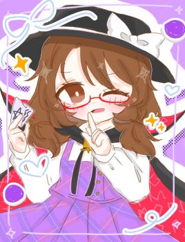 1girl anzu_cha709 black_cloak black_hat black_ribbon blue_ribbon blush blush_stickers bow brown_eyes brown_hair buttons card clasp cloak clothes_writing collared_shirt deformed hair_between_eyes hat hat_bow heart high_collar holding holding_card long_sleeves low_twintails medium_hair one_eye_closed open_mouth plaid_clothes plaid_skirt plaid_vest pointing purple_background purple_skirt purple_vest quimbaya_airplane red-framed_eyewear ribbon runes school_uniform shirt skirt sleeve_cuffs solo sparkle touhou twintails usami_sumireko vest white_bow white_shirt